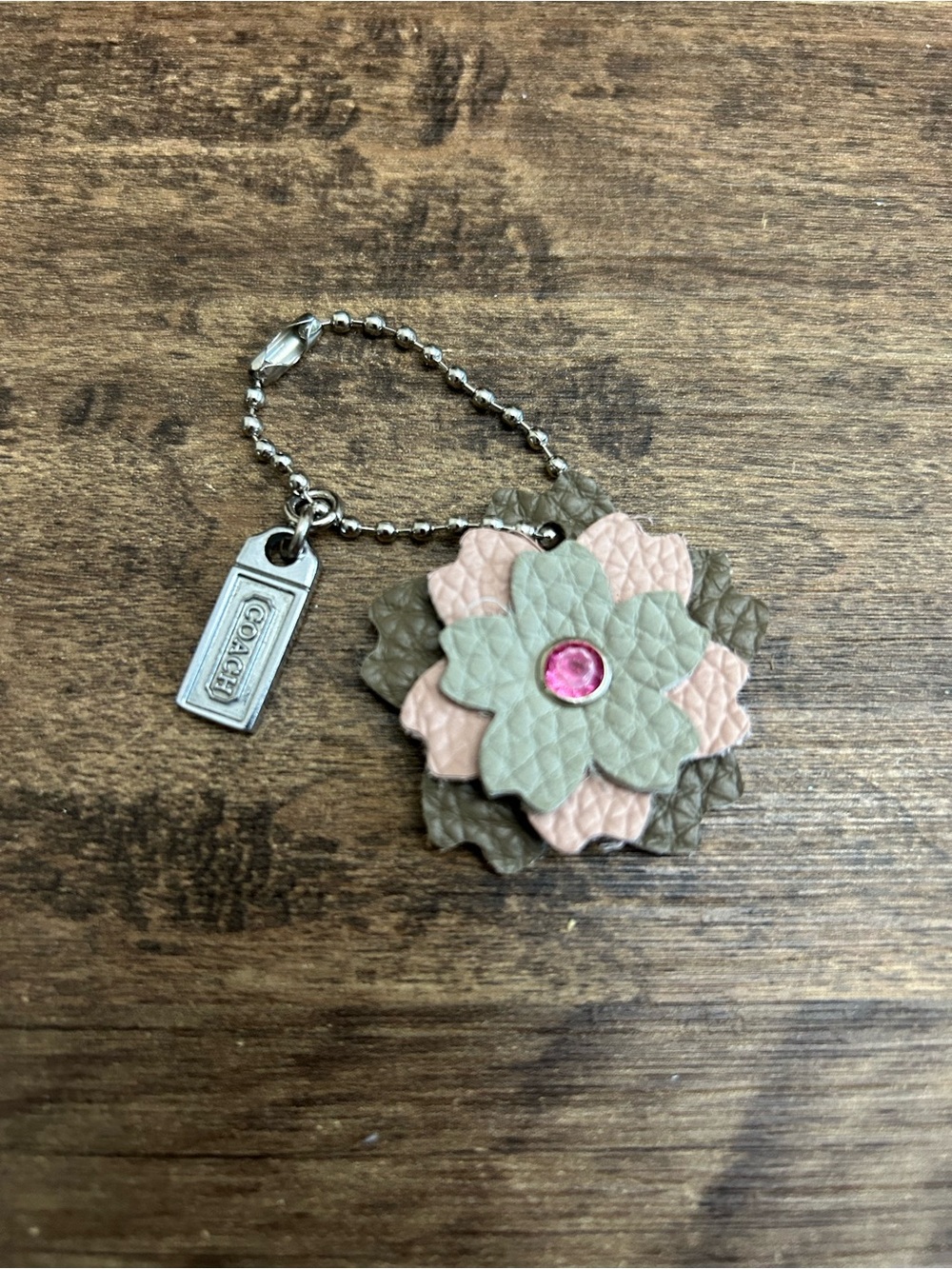 Upcycled Coach Tag Pink, Cream & Brown Floral Leather Bag Charm/Keychain